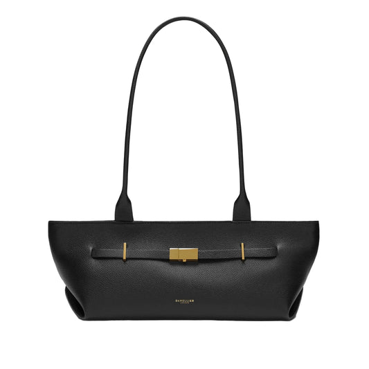 Black handbag with gold clasp on a light gray background