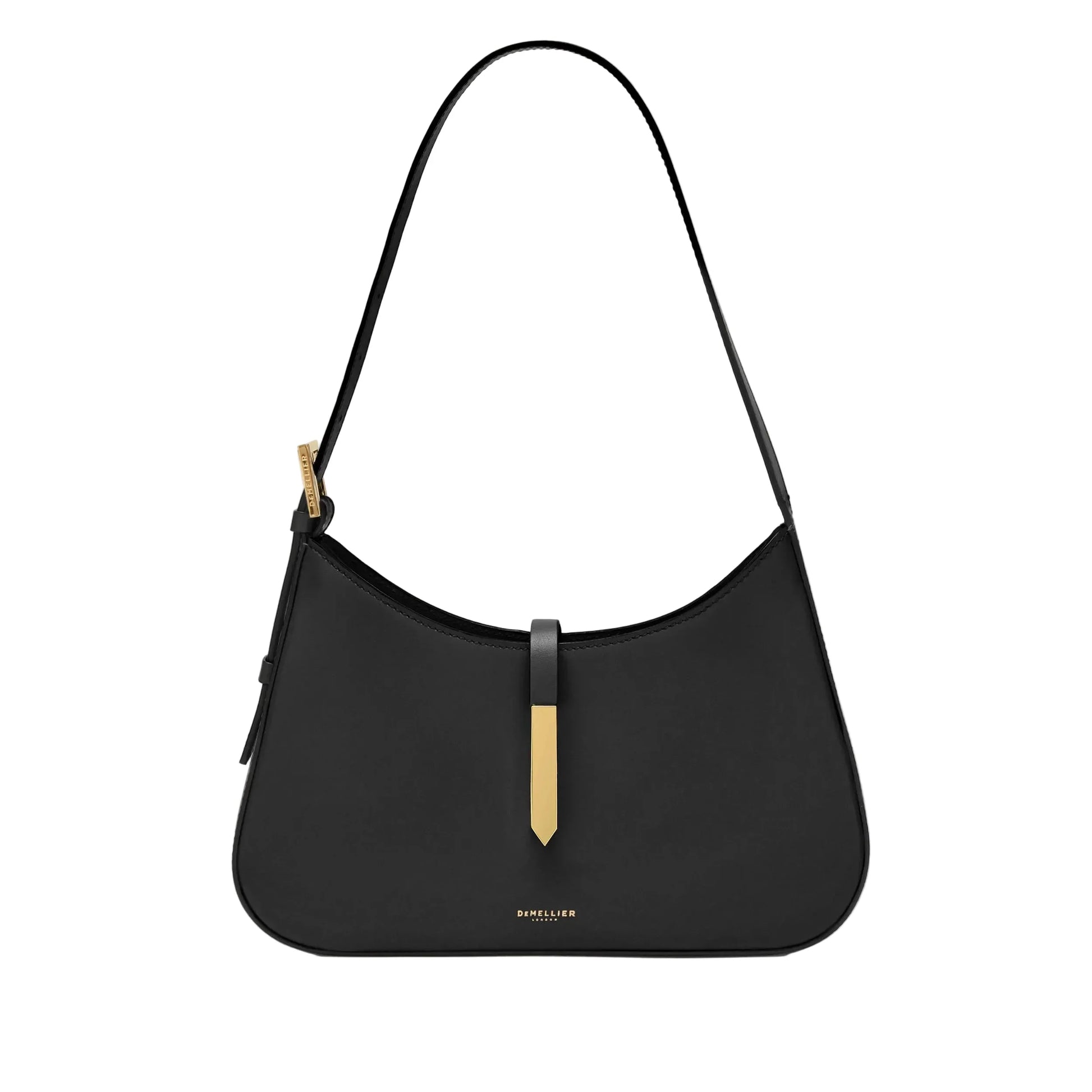 Black handbag with a gold accent on a light gray background