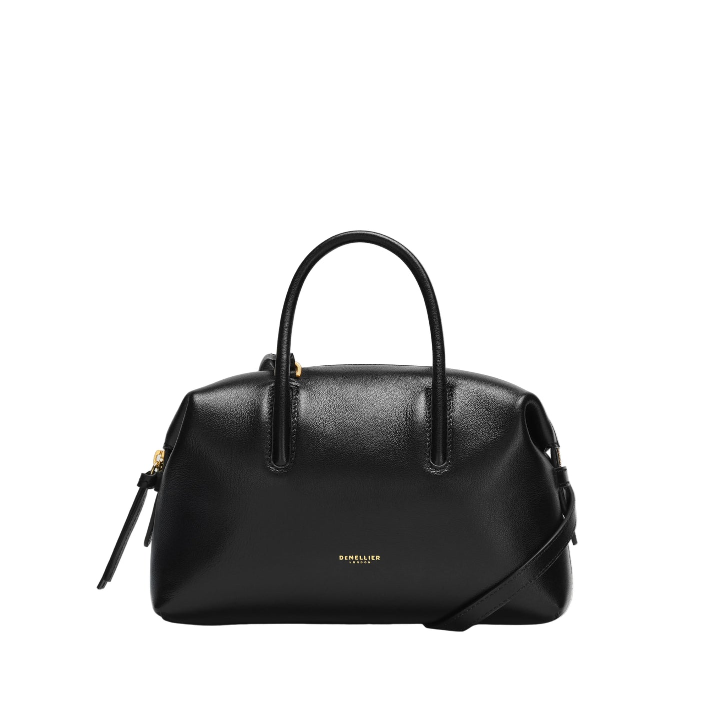 Black handbag with a visible brand logo on a light background