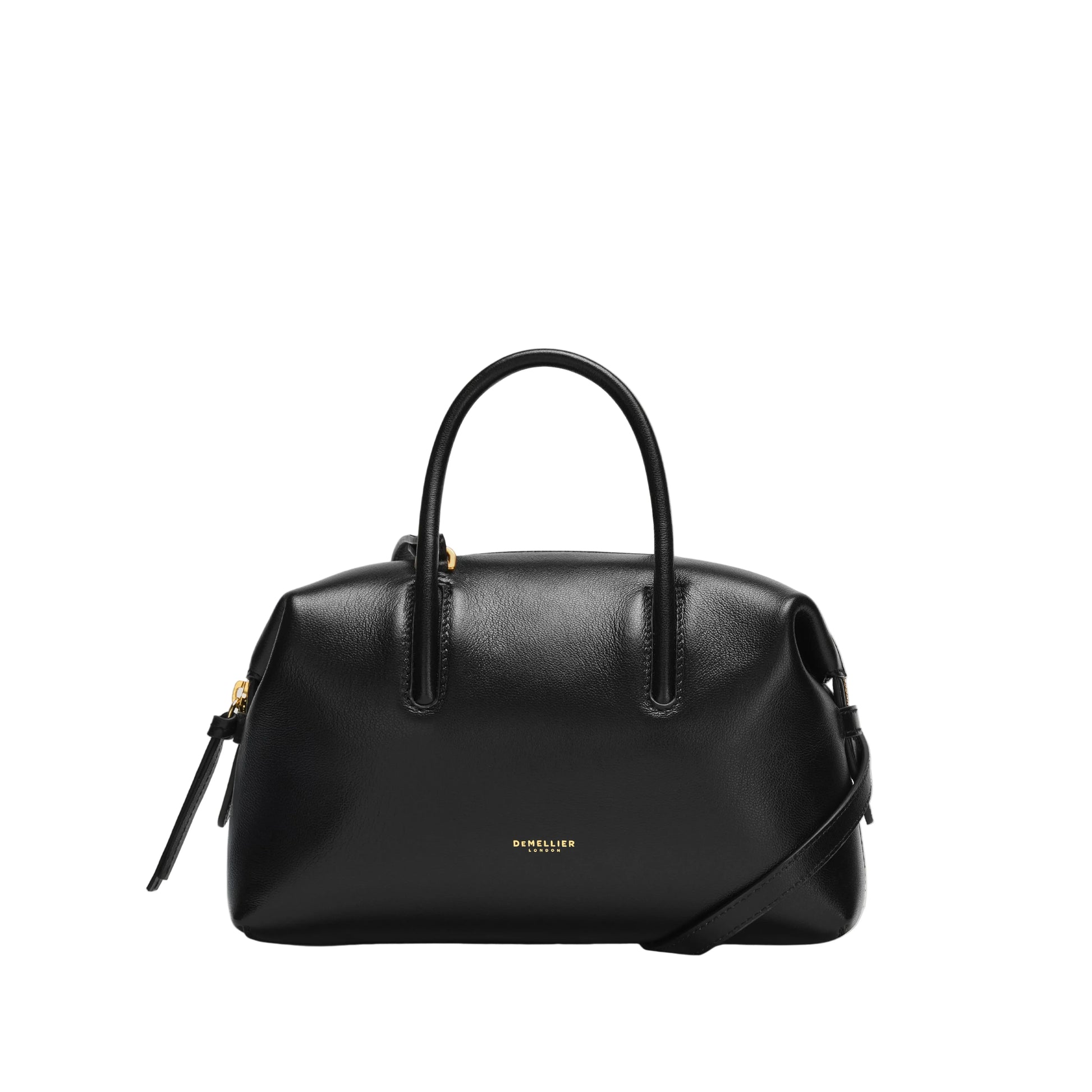 Black handbag with a visible brand logo on a light background