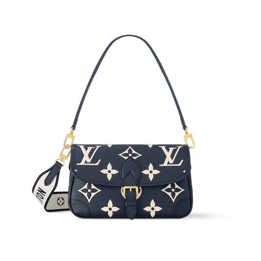 Navy handbag with white monogram pattern on a white background